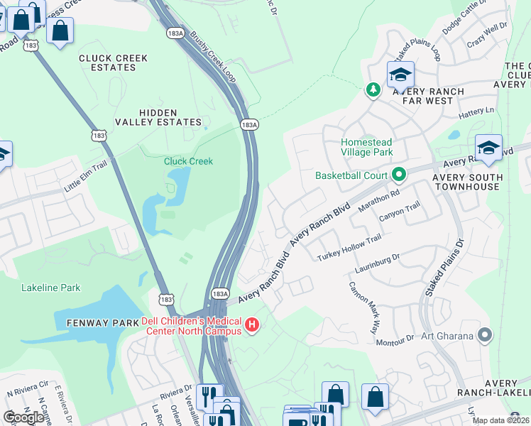 map of restaurants, bars, coffee shops, grocery stores, and more near 12406 Maypole Bend in Austin