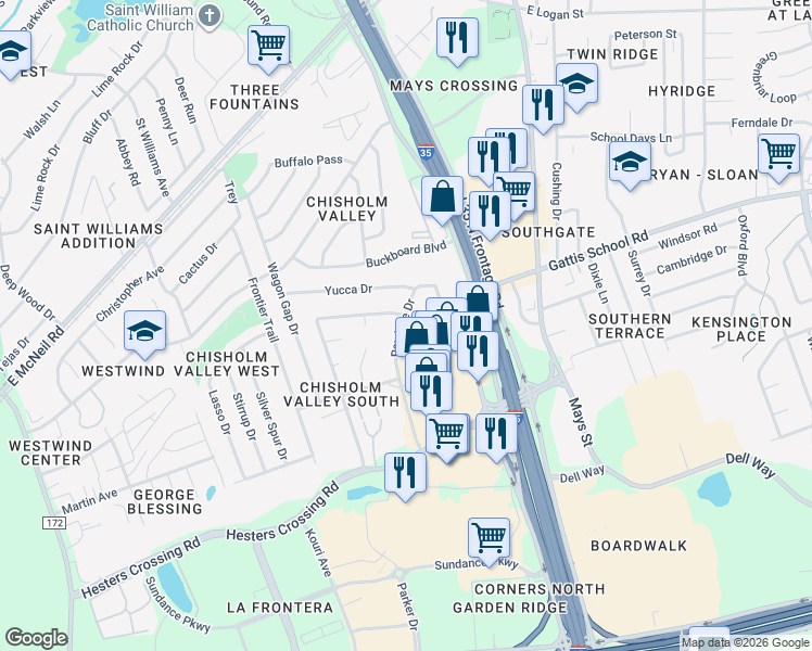 map of restaurants, bars, coffee shops, grocery stores, and more near 1900 Rawhide Drive in Round Rock