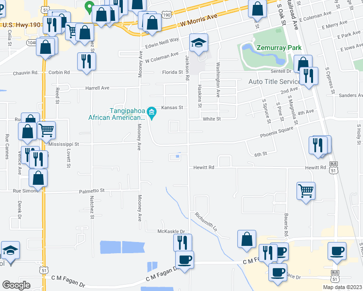 map of restaurants, bars, coffee shops, grocery stores, and more near 1205 Phoenix Square in Hammond