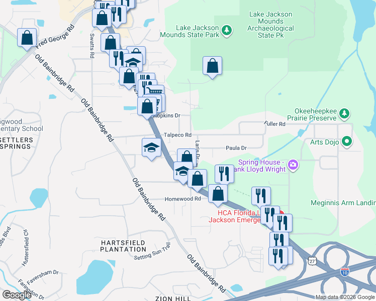 map of restaurants, bars, coffee shops, grocery stores, and more near 2904 Laris Drive in Tallahassee