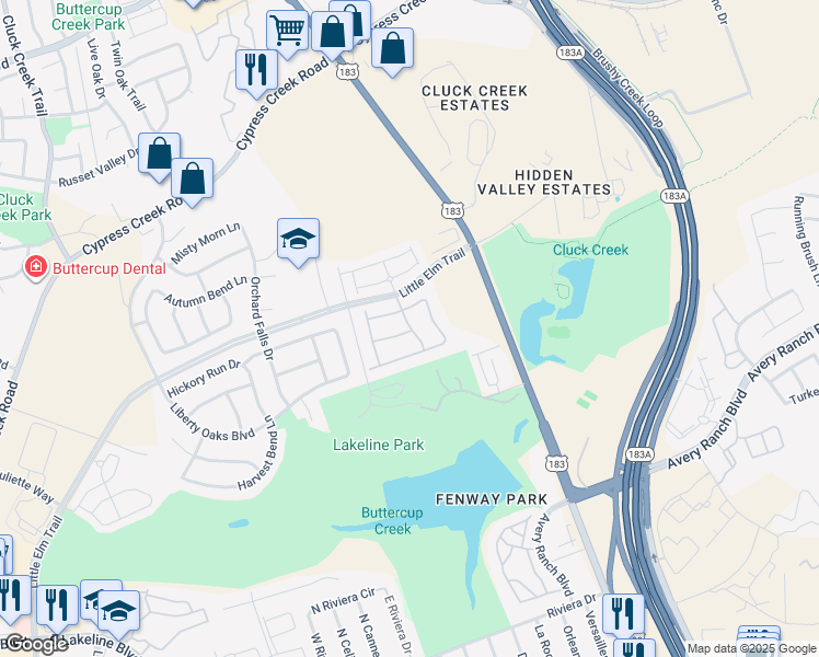 map of restaurants, bars, coffee shops, grocery stores, and more near 1400 Little Elm Trail in Cedar Park