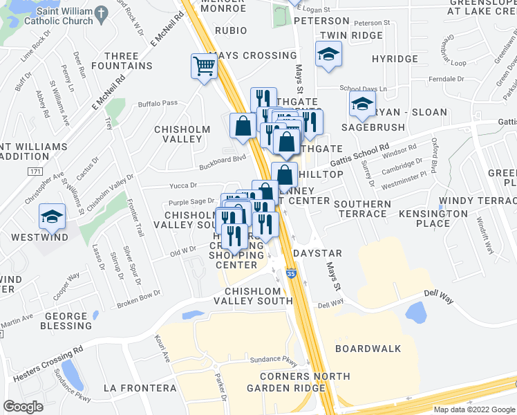 map of restaurants, bars, coffee shops, grocery stores, and more near 1980 South Interstate 35 Frontage Road in Round Rock