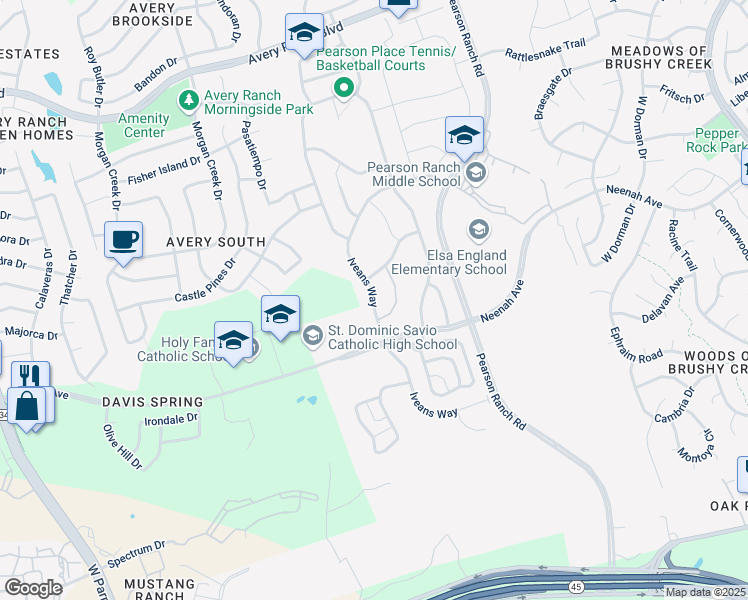 map of restaurants, bars, coffee shops, grocery stores, and more near Iveans Way in Austin