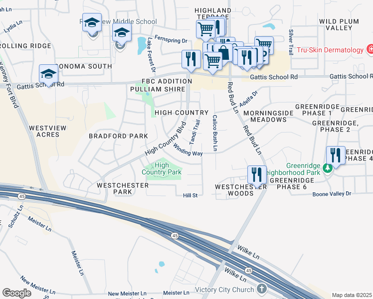 map of restaurants, bars, coffee shops, grocery stores, and more near 3314 Winding Way in Round Rock