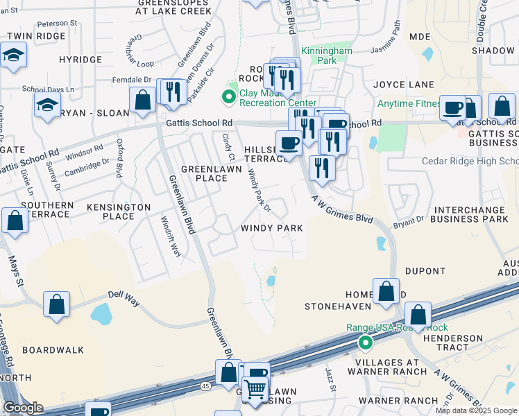 map of restaurants, bars, coffee shops, grocery stores, and more near 1908 Windy Park Drive in Round Rock