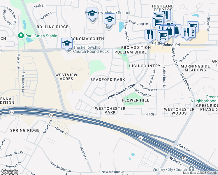 map of restaurants, bars, coffee shops, grocery stores, and more near 1005 Howell Terrace Place in Round Rock