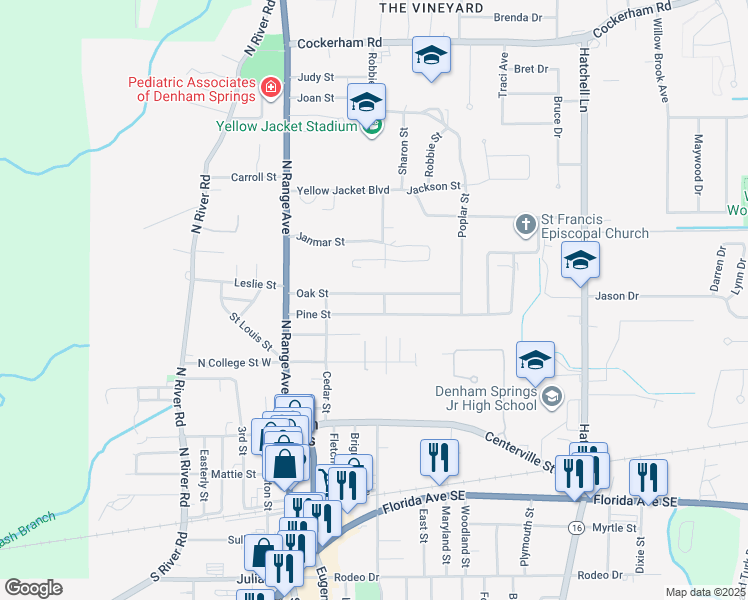map of restaurants, bars, coffee shops, grocery stores, and more near 240 Oak Street in Denham Springs