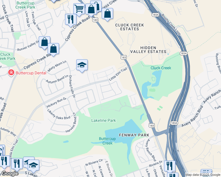 map of restaurants, bars, coffee shops, grocery stores, and more near 1400 Little Elm Trail in Cedar Park
