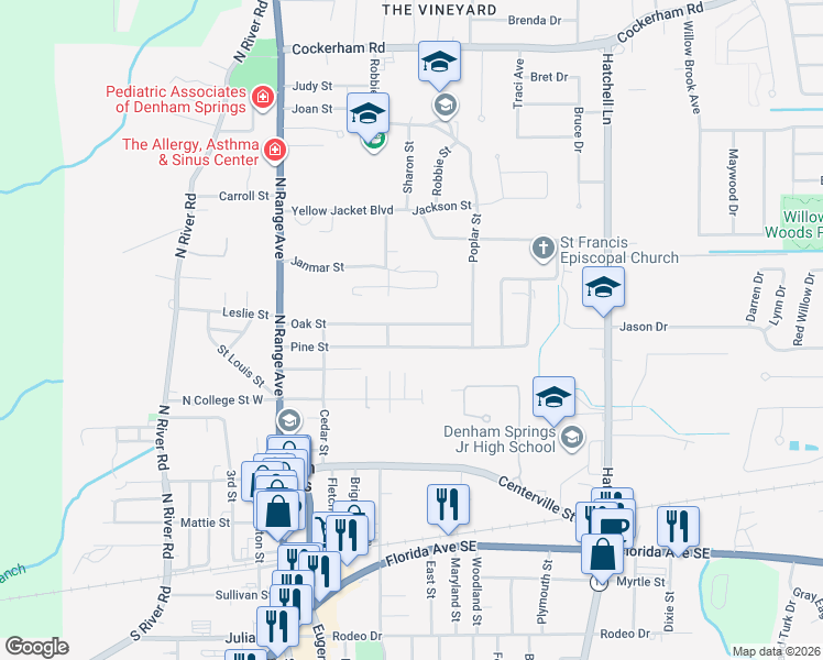 map of restaurants, bars, coffee shops, grocery stores, and more near 322 Oak Street in Denham Springs