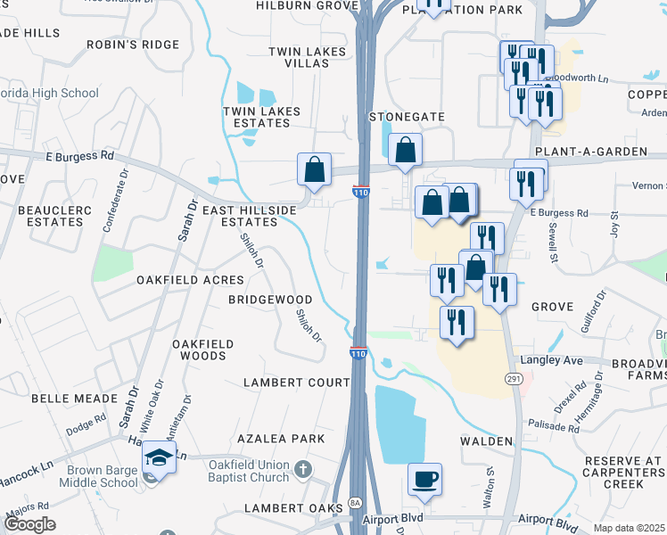 map of restaurants, bars, coffee shops, grocery stores, and more near 5979 Born Drive in Pensacola