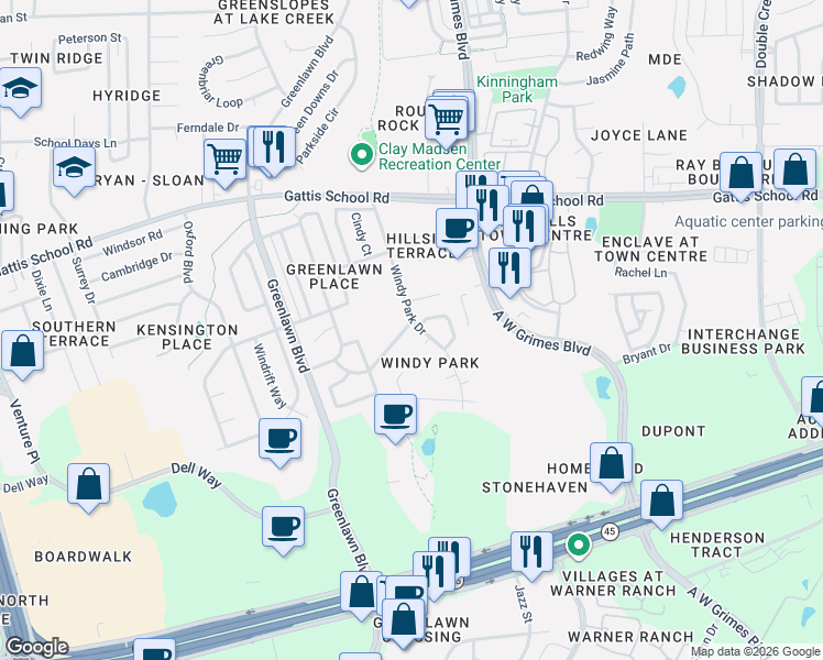 map of restaurants, bars, coffee shops, grocery stores, and more near 1908 Windy Park Drive in Round Rock