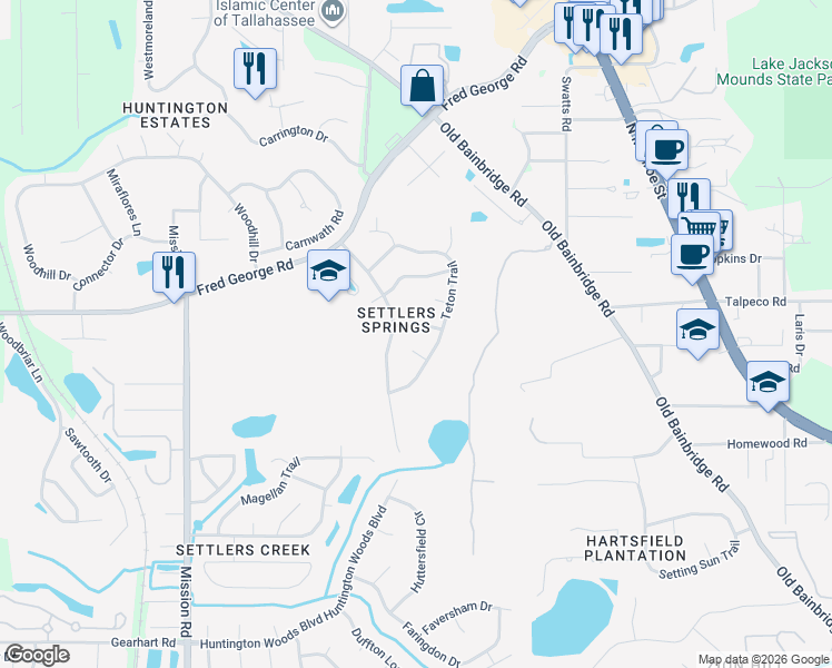 map of restaurants, bars, coffee shops, grocery stores, and more near 2631 Stoneridge Drive in Tallahassee