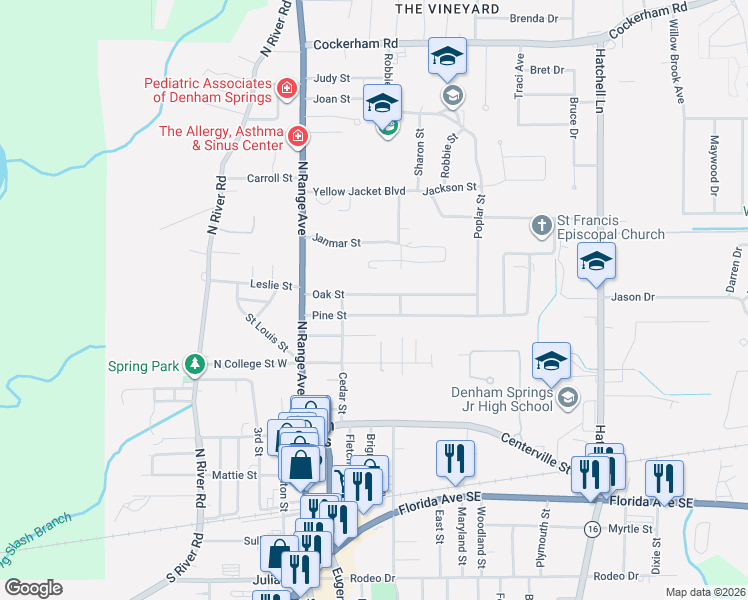 map of restaurants, bars, coffee shops, grocery stores, and more near 240 Oak Street in Denham Springs