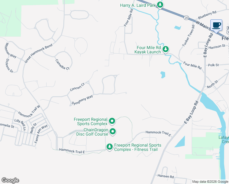 map of restaurants, bars, coffee shops, grocery stores, and more near 733 Symphony Way in Freeport