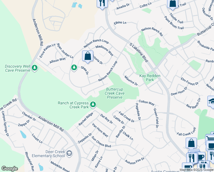 map of restaurants, bars, coffee shops, grocery stores, and more near 2004 Burnie Bishop Place in Cedar Park