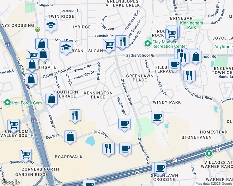 map of restaurants, bars, coffee shops, grocery stores, and more near 2088 Stratford Drive in Round Rock
