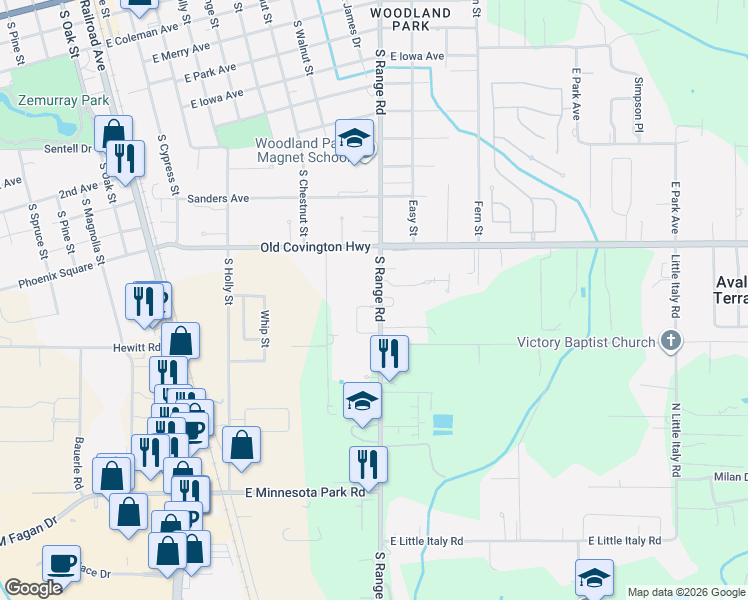 map of restaurants, bars, coffee shops, grocery stores, and more near 1500 Camellia Drive in Hammond