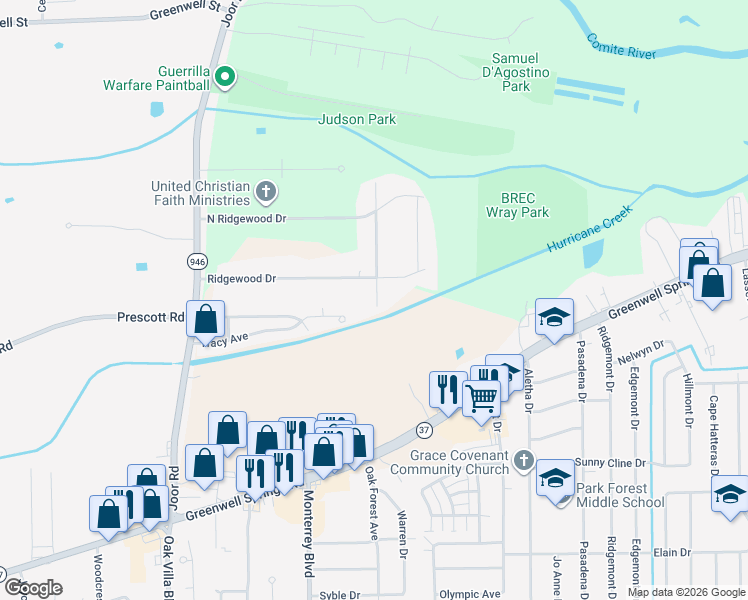 map of restaurants, bars, coffee shops, grocery stores, and more near 4545 Sunnybrook Drive in Baton Rouge
