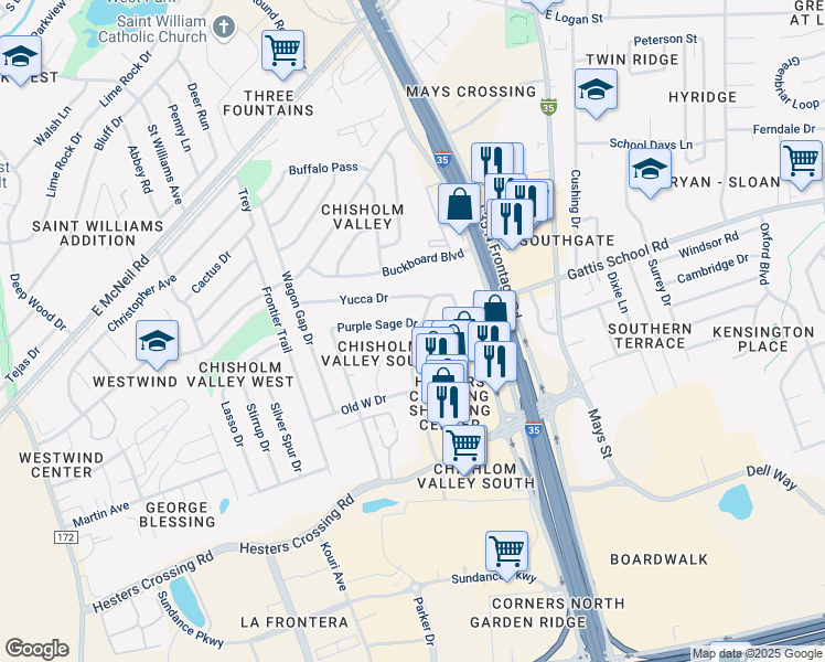 map of restaurants, bars, coffee shops, grocery stores, and more near 1900 Rawhide Drive in Round Rock