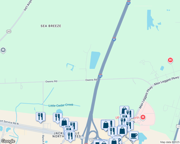 map of restaurants, bars, coffee shops, grocery stores, and more near 14001-14199 Sharon Owens Road in Jacksonville