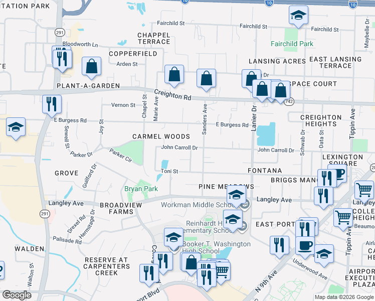 map of restaurants, bars, coffee shops, grocery stores, and more near 1496 John Carroll Drive in Pensacola