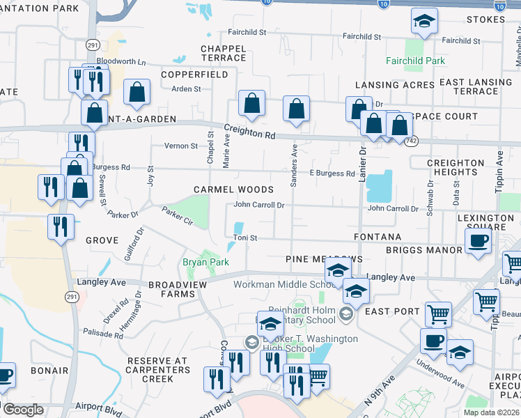 map of restaurants, bars, coffee shops, grocery stores, and more near 1401 John Carroll Drive in Pensacola