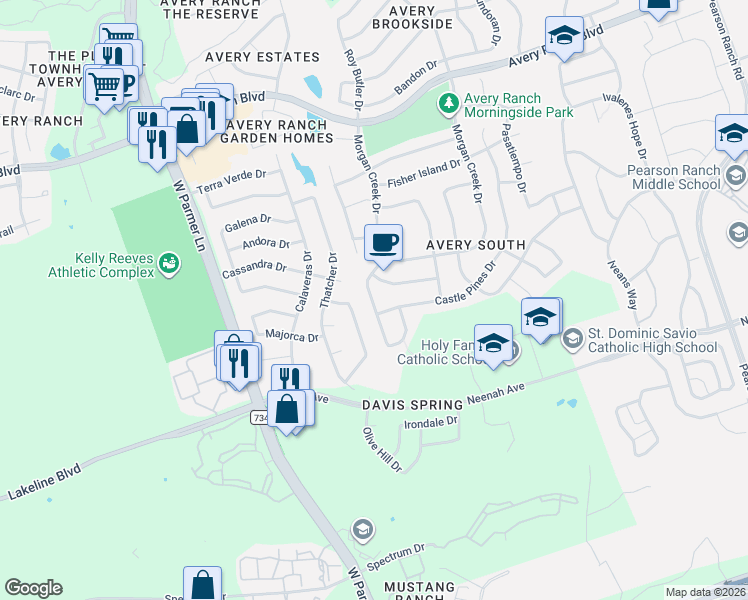 map of restaurants, bars, coffee shops, grocery stores, and more near 9717 Spanish Wells Drive in Austin