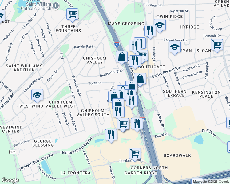 map of restaurants, bars, coffee shops, grocery stores, and more near 327 Rawhide Drive in Round Rock