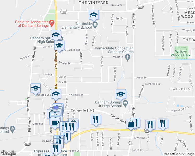 map of restaurants, bars, coffee shops, grocery stores, and more near 356 Oak Street in Denham Springs
