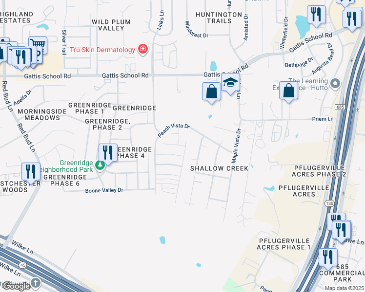 map of restaurants, bars, coffee shops, grocery stores, and more near 716 Carillion Drive in Pflugerville