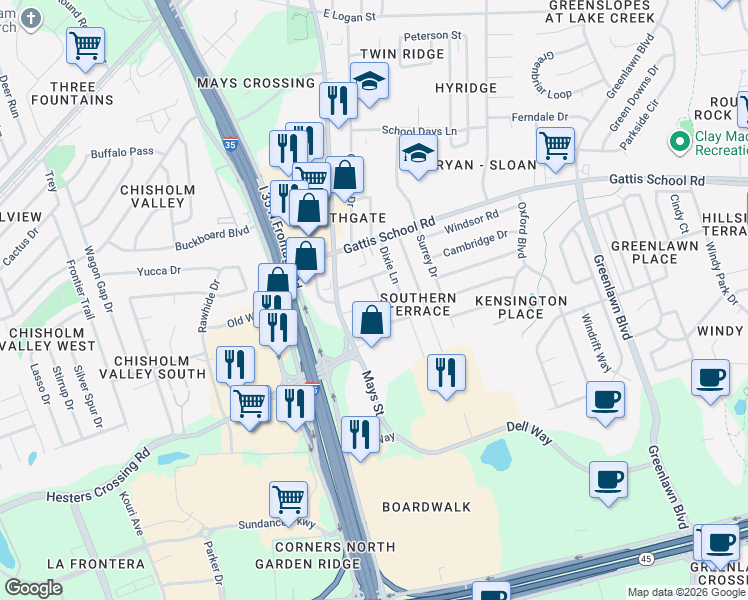map of restaurants, bars, coffee shops, grocery stores, and more near 1904 Montclair Drive in Round Rock