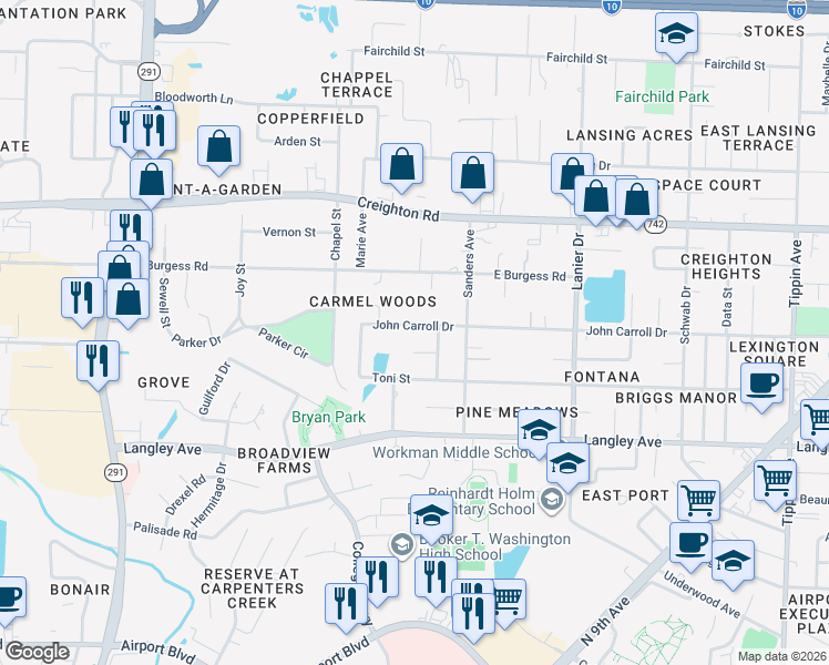 map of restaurants, bars, coffee shops, grocery stores, and more near 1401 John Carroll Drive in Pensacola