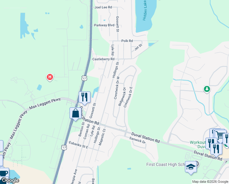 map of restaurants, bars, coffee shops, grocery stores, and more near 14066 Crestwick Drive West in Jacksonville