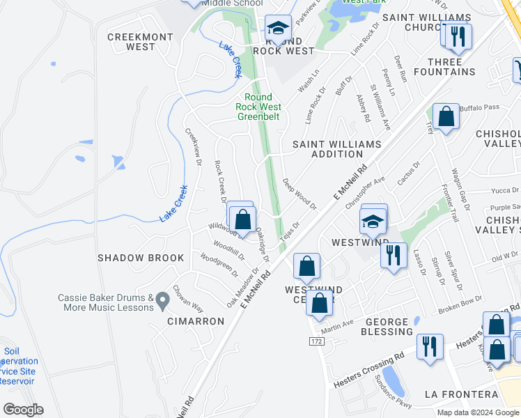map of restaurants, bars, coffee shops, grocery stores, and more near 1122 Flint Rock Dr in Round Rock