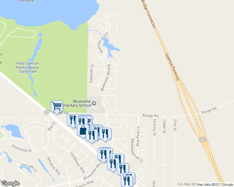 map of restaurants, bars, coffee shops, grocery stores, and more near 4565 Castlewood Lane in Niceville