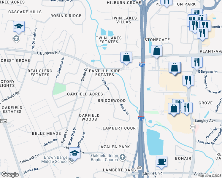 map of restaurants, bars, coffee shops, grocery stores, and more near 739 Shiloh Drive in Pensacola