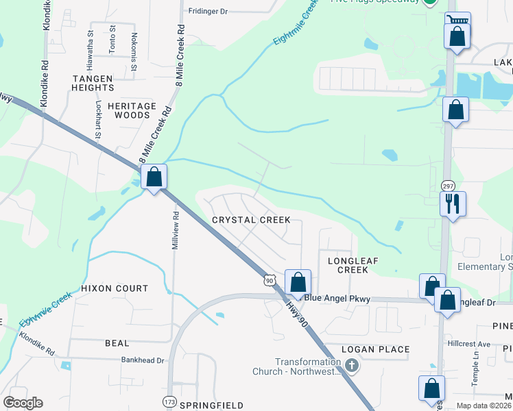 map of restaurants, bars, coffee shops, grocery stores, and more near 7177 Tannehill Drive in Pensacola