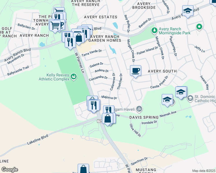 map of restaurants, bars, coffee shops, grocery stores, and more near 10009 Lachlan Drive in Austin