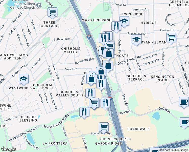 map of restaurants, bars, coffee shops, grocery stores, and more near 1980 South Interstate 35 Frontage Road in Round Rock