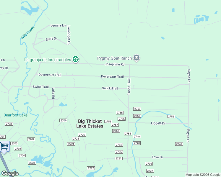 map of restaurants, bars, coffee shops, grocery stores, and more near Swick Trail in Big Thicket Lake Estates