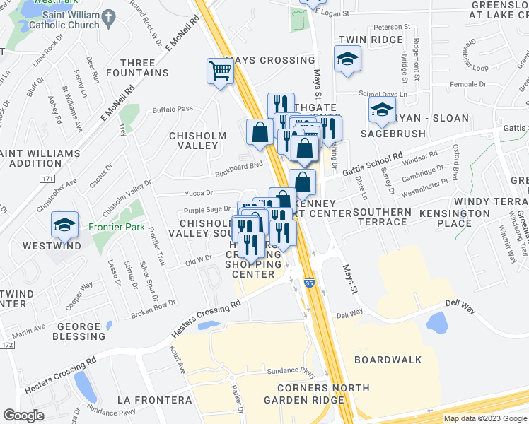 map of restaurants, bars, coffee shops, grocery stores, and more near 1980 South Interstate 35 Frontage Road in Round Rock