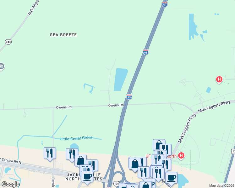 map of restaurants, bars, coffee shops, grocery stores, and more near 14099 Sharon Owens Road in Jacksonville