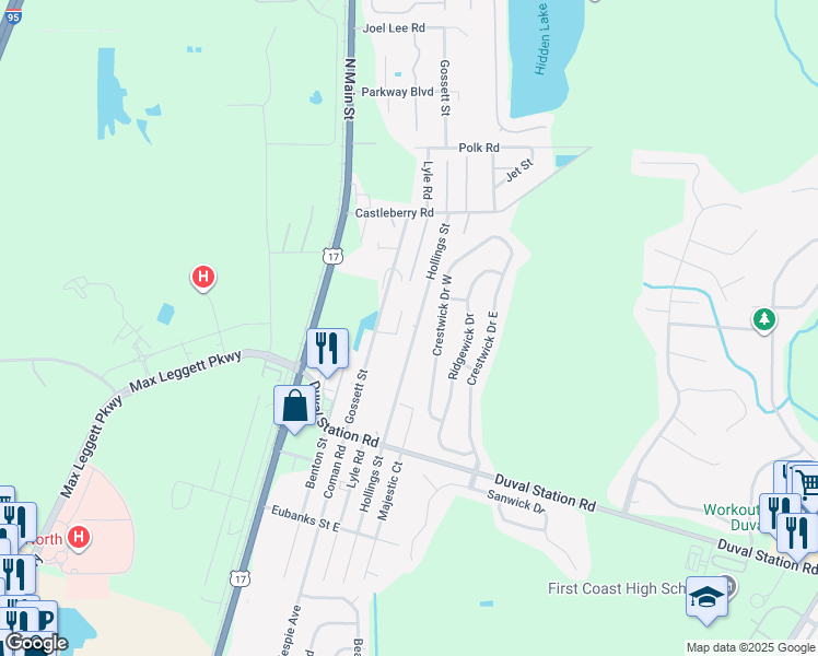 map of restaurants, bars, coffee shops, grocery stores, and more near 14082 Hollings Street in Jacksonville
