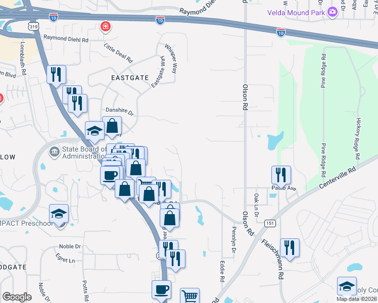 map of restaurants, bars, coffee shops, grocery stores, and more near 2640 James Duhard Way in Tallahassee