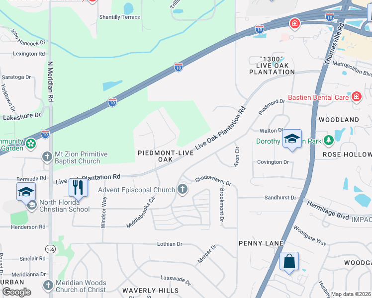 map of restaurants, bars, coffee shops, grocery stores, and more near 901 Live Oak Plantation Road in Tallahassee