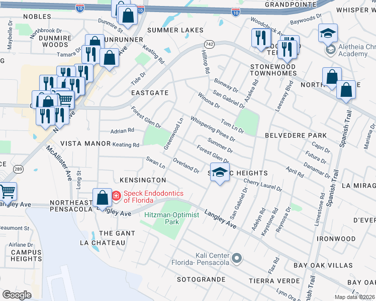 map of restaurants, bars, coffee shops, grocery stores, and more near 3620 Cherry Laurel Drive in Pensacola