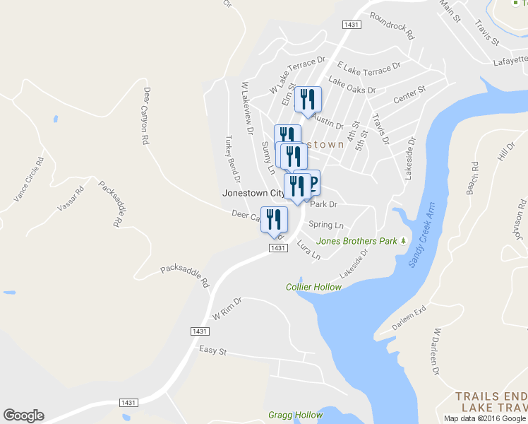 map of restaurants, bars, coffee shops, grocery stores, and more near 10506 Deer Canyon Rd in Jonestown