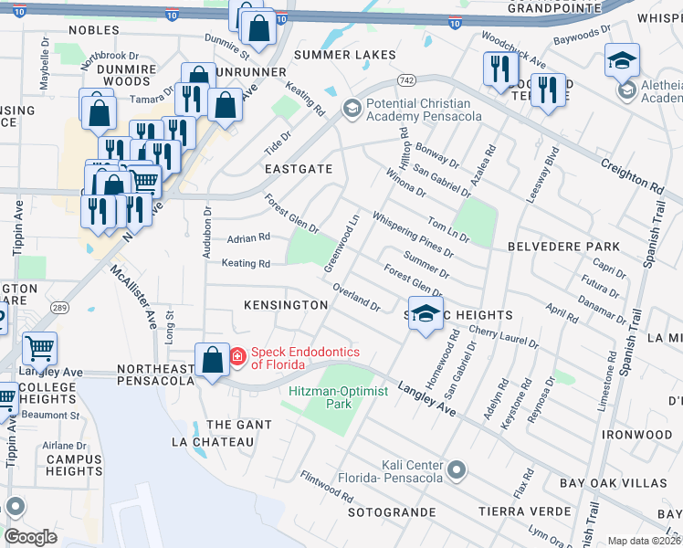 map of restaurants, bars, coffee shops, grocery stores, and more near 5910 Hilltop Road in Pensacola