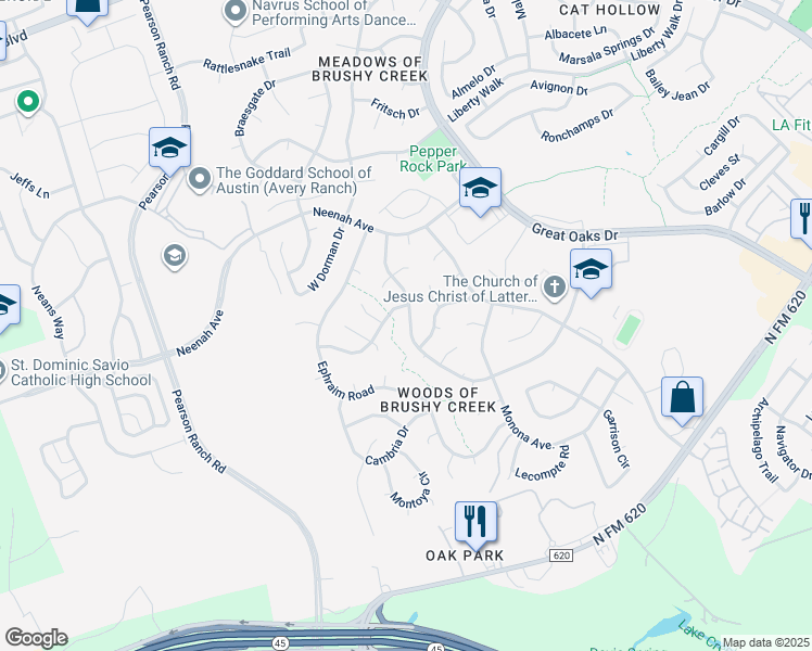 map of restaurants, bars, coffee shops, grocery stores, and more near 8415 Racine Trail in Austin
