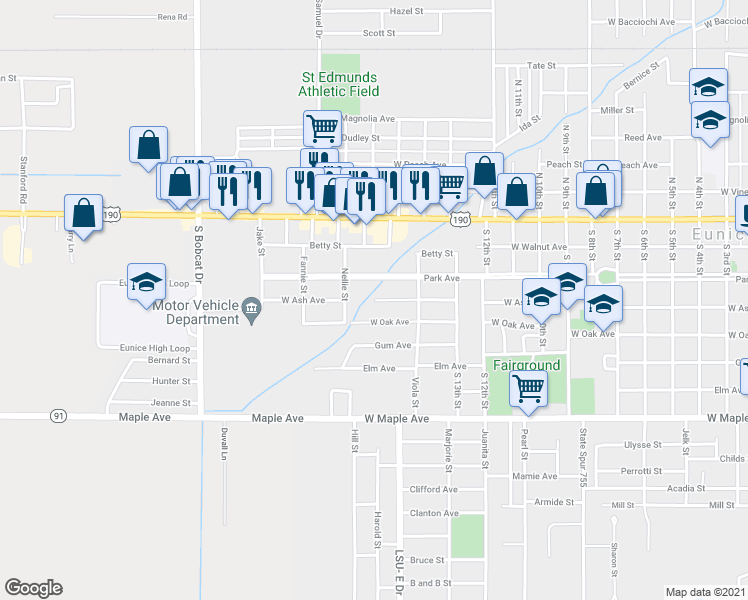 map of restaurants, bars, coffee shops, grocery stores, and more near 1498 West Ash Avenue in Eunice